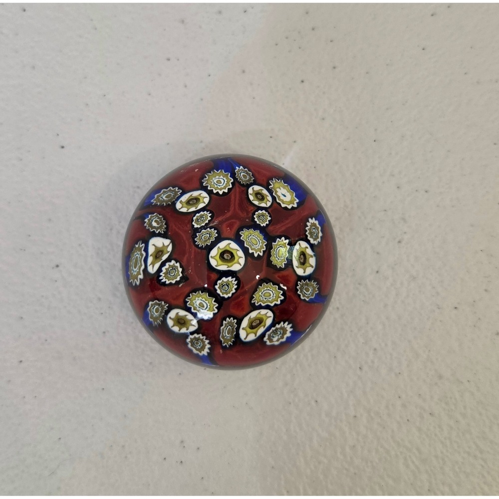 Murano Millefiori Glass Paperweight Red Base Concave Polished Bottom 2.5 inches